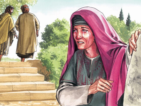 So the disciples went back to their homes but Mary stood outside the tomb. – Slide 1