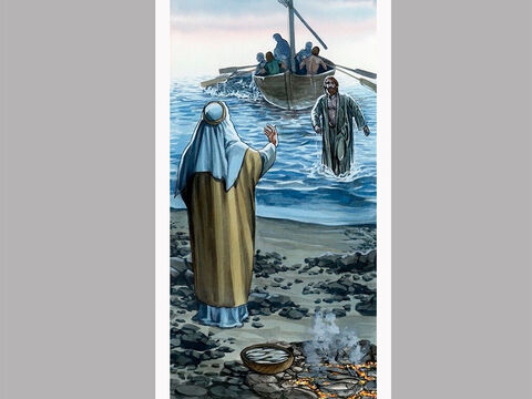 Meanwhile, the other disciples came with the boat, dragging the net full of fish, for they were not far from land, only about a hundred yards. – Slide 8