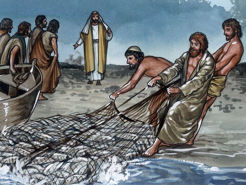 Jesus said, ‘Bring some of the fish you have just now caught.’ So Simon Peter went aboard and pulled the net to shore. It was full of large fish, one hundred and fifty-three, but although there were so many, the net was not torn. – Slide 9