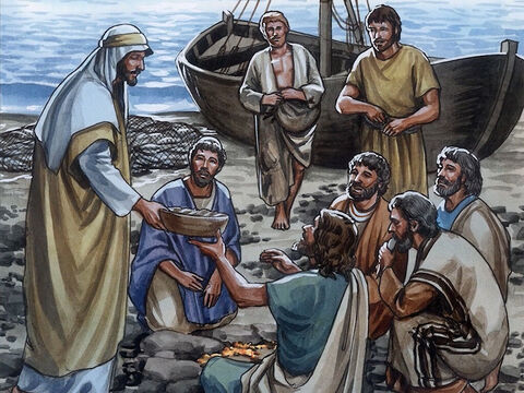 ‘Come, have breakfast,’ Jesus said. But none of the disciples dared to ask Him, ‘Who are you?’ because they knew it was the Lord. Jesus came and took the bread and gave it to them, and did the same with the fish. This was now the third time Jesus was revealed to the disciples after He was raised from the dead. – Slide 10