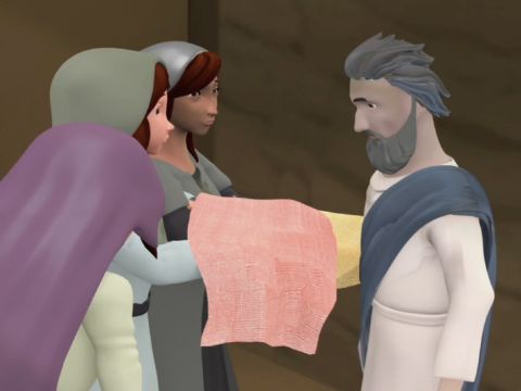 All the widows stood around Peter. They were crying and showing him the robes and the other clothing that Tabitha had made while she was still alive. – Slide 9