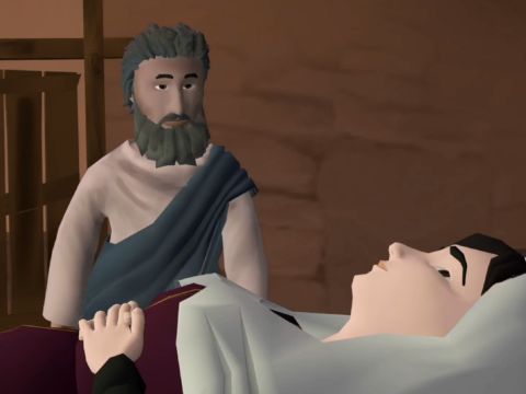 She opened her eyes. And, seeing Peter, she sat up. – Slide 14