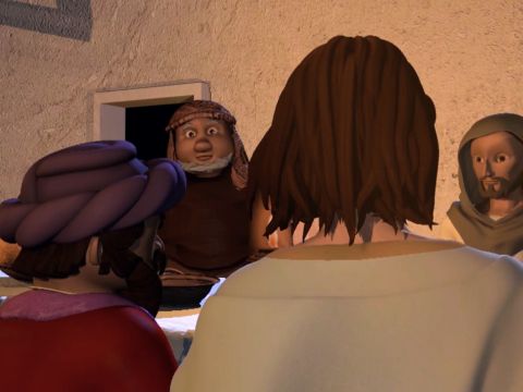 Zacchaeus led Jesus to his house. During the meal Zacchaeus stood up and said to Jesus, – Slide 13