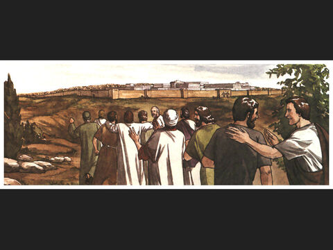 Then the apostles returned to Jerusalem from the hill called the Mount of Olives, a Sabbath day’s walk from the city. – Slide 16