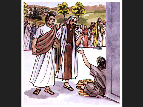 When he saw Peter and John about to enter, he asked them for money. Peter looked straight at him, as did John. – Slide 3