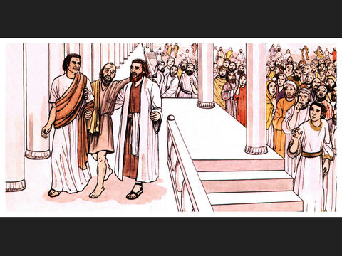 While the man held on to Peter and John, all the people were astonished and came running to them in the place called Solomon’s Colonnade. When Peter saw this, he said to them: ‘Fellow Israelites, why does this surprise you? Why do you stare at us as if by our own power or godliness we had made this man walk? <br/>‘The God of Abraham, Isaac and Jacob, the God of our fathers, has glorified His servant Jesus. You handed Him over to be killed, and you disowned Him before Pilate, though he had decided to let Him go.’ – Slide 9