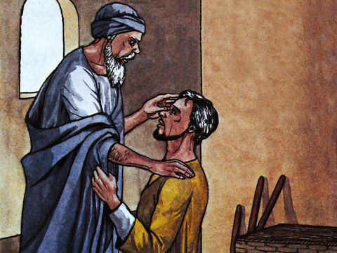 Then Ananias went to the house and entered it. Placing his hands on Saul, he said, ‘Brother Saul, the Lord—Jesus, who appeared to you on the road as you were coming here—has sent me so that you may see again and be filled with the Holy Spirit.’ <br/>Immediately, something like scales fell from Saul’s eyes, and he could see again. – Slide 12