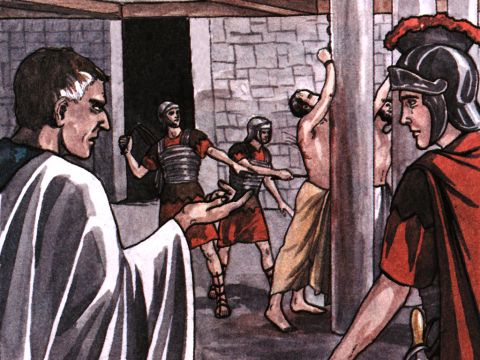 The crowd joined in the attack against Paul and Silas, and the magistrates ordered them to be stripped and beaten with rods. After they had been severely flogged, they were thrown into prison, and the jailer was commanded to guard them carefully. – Slide 5