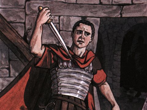 The jailer woke up, and when he saw the prison doors open, he drew his sword and was about to kill himself because he thought the prisoners had escaped. – Slide 8