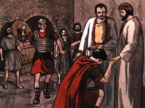 But Paul shouted, ‘Don’t harm yourself! We are all here!’ The jailer called for lights, rushed in and fell trembling before Paul and Silas. – Slide 9