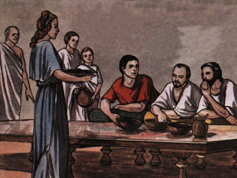 The jailer brought them into his house and set a meal before them; he was filled with joy because he had come to believe in God—he and his whole household. – Slide 13