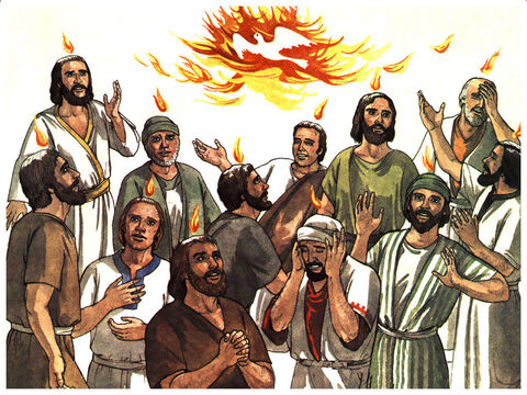 Suddenly a sound like the blowing of a violent wind came from heaven and filled the whole house where they were sitting. They saw what seemed to be tongues of fire that separated and came to rest on each of them. All of them were filled with the Holy Spirit and began to speak in other tongues as the Spirit enabled them. – Slide 10