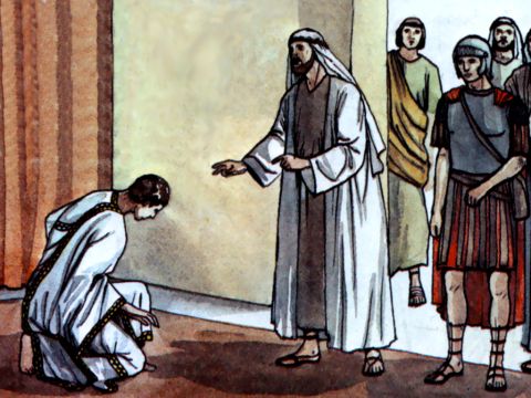The following day Peter arrived in Caesarea. Cornelius was expecting them and had called together his relatives and close friends. <br/>As Peter entered the house, Cornelius met him and fell at his feet in reverence. But Peter made him get up. ‘Stand up,’ he said, ‘I am only a man myself.’ – Slide 2