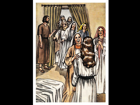 Then he called for the believers, especially the widows, and presented her to them alive. – Slide 17