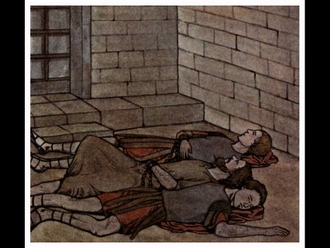 The night before Herod was to bring him to trial, Peter was sleeping between two soldiers, bound with two chains. – Slide 5