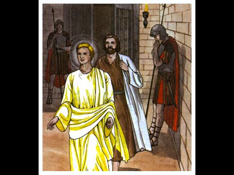 Peter followed him out of the prison, but he had no idea that what the angel was doing was really happening. He thought he was seeing a vision. – Slide 11