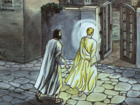 They passed the first and second guards and came to the iron gate leading to the city. It opened for them by itself, and they went through it. – Slide 12