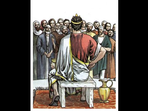 On the appointed day Herod, wearing his royal robes, sat on his throne and delivered a public address to the people. They shouted, ‘This is the voice of a god, not of a man.’ – Slide 15