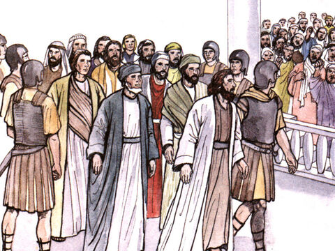 At that, the captain went with his officers and brought the apostles. They did not use force, because they feared that the people would stone them. <br/>The apostles were brought in and made to appear before the Sanhedrin to be questioned by the high priest. – Slide 9