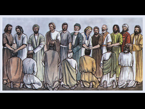 ‘We will turn this responsibility over to them and will give our attention to prayer and the ministry of the word.’ <br/>This proposal pleased the whole group. They chose Stephen, a man full of faith and of the Holy Spirit; also Philip, Procorus, Nicanor, Timon, Parmenas, and Nicolas from Antioch, a convert to Judaism. They presented these men to the apostles, who prayed and laid their hands on them. – Slide 2
