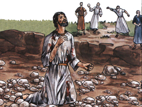 ‘While they were stoning him, Stephen prayed, “Lord Jesus, receive my spirit.” Then he fell on his knees and cried out, “Lord, do not hold this sin against them.” When he had said this, he fell asleep.’ – Slide 20