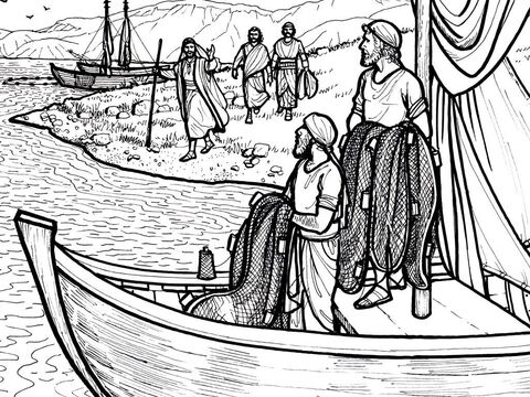 Jesus calls four fishermen, Andrew, Peter, James and John, to be His disciples. <br/>Matthew 4:18-22 – Slide 2