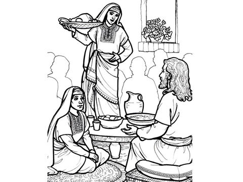 Martha works while Mary sits and listens to Jesus. <br/>Luke 10:38-42 – Slide 10