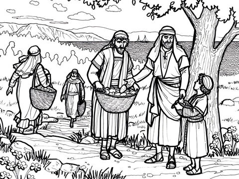 Jesus feeds 5000 with five loaves and two fish. <br/>Matthew 14:13-22, Mark 6:31-46, Luke 9:10-17, John 6:1-13 – Slide 2