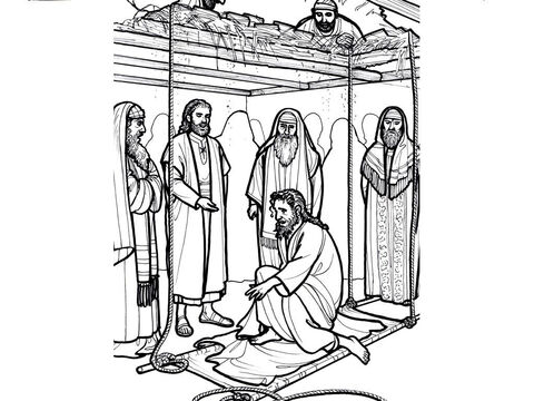 A paralysed man is lowered through the roof to Jesus. <br/>Luke 5:17-26 – Slide 4