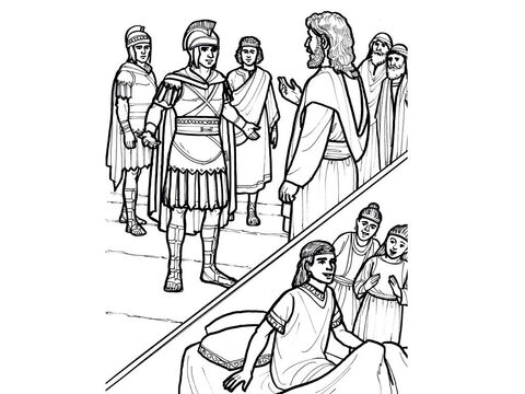 A Roman centurion asks Jesus to heal his servant. When Jesus gives the command, the servant at home is healed. <br/>Matthew 8:5-13, Luke 7:2-9 – Slide 5