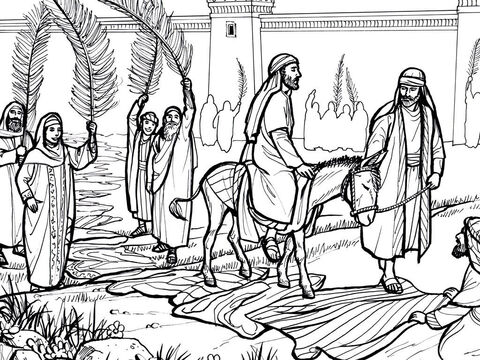Jesus rides triumphantly into Jerusalem as people wave palm branches and shout ‘Hosanna’. <br/>Matthew 21:1-11, Mark 11:1-11, Luke 19:28-44, John 12:12-17 – Slide 1