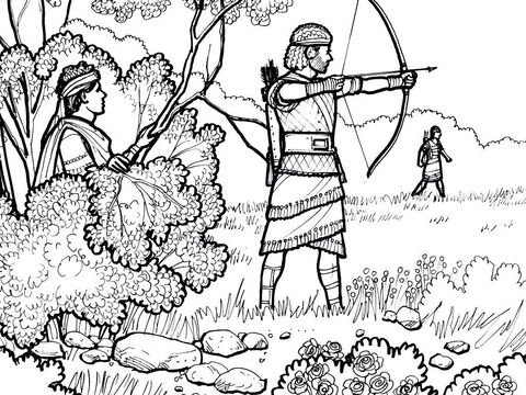 Jonathan fires arrows to signal to David who is hiding that he is in danger from King Saul. – Slide 9