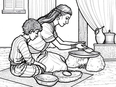 The widow of Zarephath prepares a meal for her son and Elijah. – Slide 1
