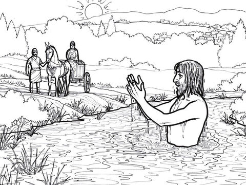 Naaman dips seven times in the river Jordan and is healed of his leprosy. – Slide 3
