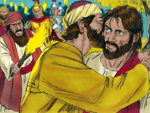 That moment Judas arrived with a crowd equipped with swords and clubs, sent out by the chief priests and other Jewish leaders. Judas had agreed to show them who Jesus was by greeting Him with a kiss. The men seized Jesus and arrested Him.  – Slide 10