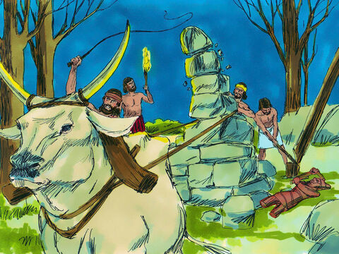With the help of 10 servants Gideon took one of his father’s bulls and pulled down his father’s idol of Baal. They cut down the pole his family used to worship the idol Asherah. – Slide 9