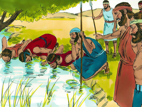 Then the Lord told Gideon, ‘There are still too many! Bring them down to the spring.’ At the spring, the Lord said, ‘Divide the men into two groups. In one put all those who cup water in their hands and lap it up with their tongues like dogs. In the other group put all those who kneel down and drink with their mouths in the stream.’ Only 300 of the men drank from their hands. God told Gideon to these 300 men would bring victory and the others should be sent home. They were now outnumbered 450:1. – Slide 4