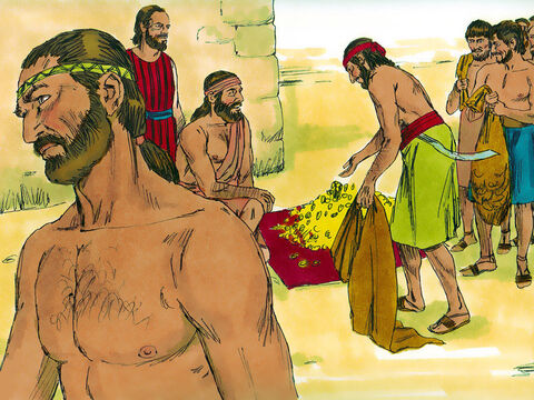 Gideon then asked that each of them give him a golden earing plundered from the enemy troops. The weight of the gold earrings was 43Ibs (20kg). Gideon also received golden chains and purple robes taken from the enemy. – Slide 8
