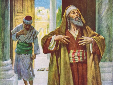 Two men went up to the temple to pray, one a Pharisee and the other a tax collector. The Pharisee stood by himself and prayed: ‘God, I thank you that I am not like other people—robbers, evildoers, adulterers—or even like this tax collector. I fast twice a week and give a tenth of all I get.’ <br/>But the tax collector stood at a distance. He would not even look up to heaven, but beat his breast and said, ‘God, have mercy on me, a sinner.’ <br/>Luke 18:9-13 – Slide 22