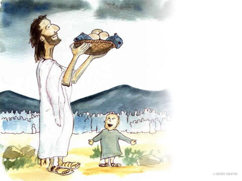 Jesus took the five loaves and two fish. Looking up to heaven, He gave thanks and broke them.  Then He gave the pieces to the disciples to go around and feed the large crowd – at least 5,000 men plus women and children. – Slide 9