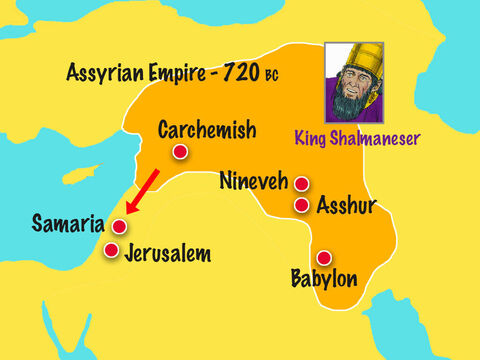 In the 4th year of Hezekiah’s reign King Shalmaneser of Assyria invaded the Northern Kingdom of Israel ruled by King Hoshea. God had warned these Jews that unless they stopped worshipping idols and obeyed Him they would become slaves of the Assyrians. – Slide 7
