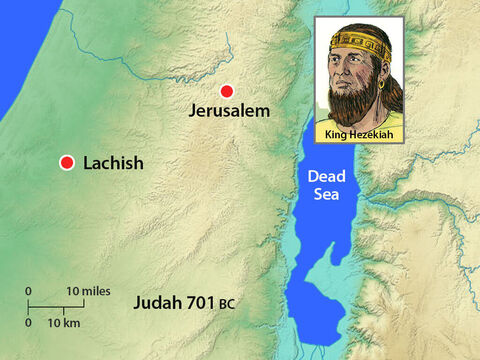 The Assyrians laid siege to the city of Lachish. King Hezekiah knew that Jerusalem would be the next target of this mighty army. He repaired the city walls and prepared for battle. He sent a message to the Assyrians, ‘I have done wrong in siding with the Egyptians. I will pay whatever you demand of me to withdraw.’ – Slide 10