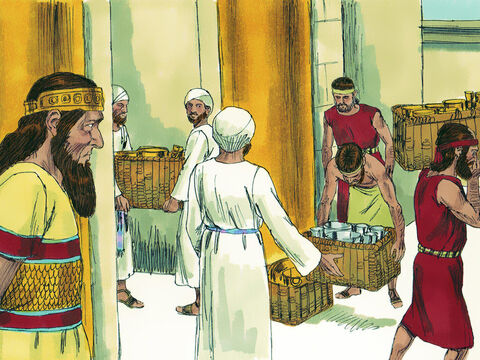 The king of Assyria demanded payment of three hundred talents (11 tons) of silver and thirty talents (1 ton) of gold. So Hezekiah gave him all the silver and gold in the treasuries of the royal palace and the temple. – Slide 11