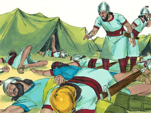 That night the angel of the Lord went through the Assyrian camp and killed 185,000 men. When the people got up the next morning there were dead bodies everywhere. King Sennacherib broke camp and withdrew back to Nineveh. – Slide 20