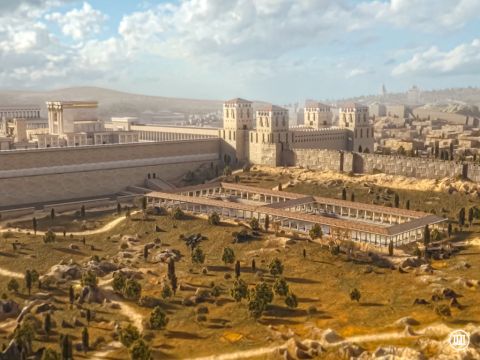 The Pool of Bethesda was situated to the north of Herod’s temple. The Aramaic word Bethesda means ‘house of mercy’ or ‘house of grace’ in English. In this scene you can see the northern wall of the temple and the Fortress of Antonia in the background. – Slide 1