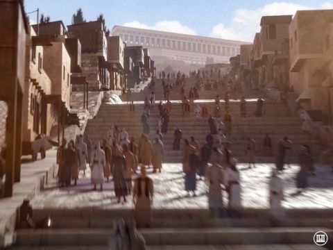 The street was 8 meters (26ft) wide and its length from the Pool of Siloam to the Temple Mount was 634 metres (2,080 ft). This street followed the Central or Tyropoeon Valley (also known as the ‘Valley of Cheesemakers’) which separated Mount Moriah from Mount Zion. It was one of the main arteries of ancient Jerusalem and once held a bustling street market. Archaeologists have found many coins, weights and even a special weighing table along the route. – Slide 8