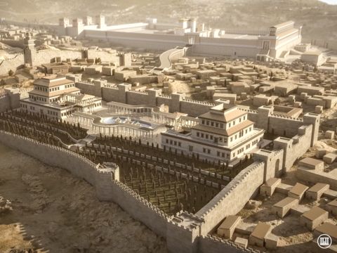 This view of the Temple is from the west overlooking Herod’s palace. Those approaching the south-west corner could ascend steps talking them into the Royal Stoa and then into the Temple Courtyard. This gate is known today as Robinson’s arch after the archaeologist who discovered it. People could also enter the Temple via the raised road from the upper city over what is now called ‘Wilson’s arch’ (again named (after the archaeologist who discovered it). There were two other entrances in the Temple west wall. – Slide 12