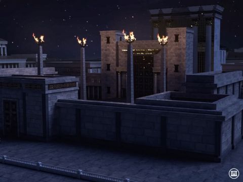 The drawing of water from the Pool of Siloam during the ‘Feast of Tabernacles’ (Sukkot) was preceded by all-night family celebrations in the Court of Women and surrounding courtyards, with instrument-playing Levites, torch-juggling sages, and huge oil-burning lamps that illuminated the entire city. <br/>Four great high lamps with 4 bowls of oil each illuminated the ‘Court of Women’ <br/>The singing and dancing went on until daybreak, when a procession would make its way to the Pool of Siloam to ‘draw water with joy’. – Slide 16