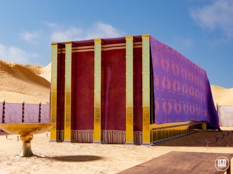 The Tabernacle was covered by a large white linen cloth composed of ten curtains interwoven with figures of cherubim, in blue, purple, and scarlet (Exodus 26:1, 36:8-13). – Slide 11