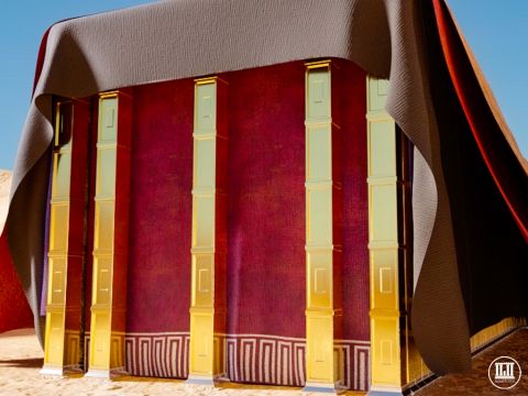 The entrance to the Holy Place had five pillars of acacia wood overlaid with gold. The screen covering the entrance of the tent was made of blue and purple and scarlet yarns and fine twined linen, embroidered with needlework. – Slide 1
